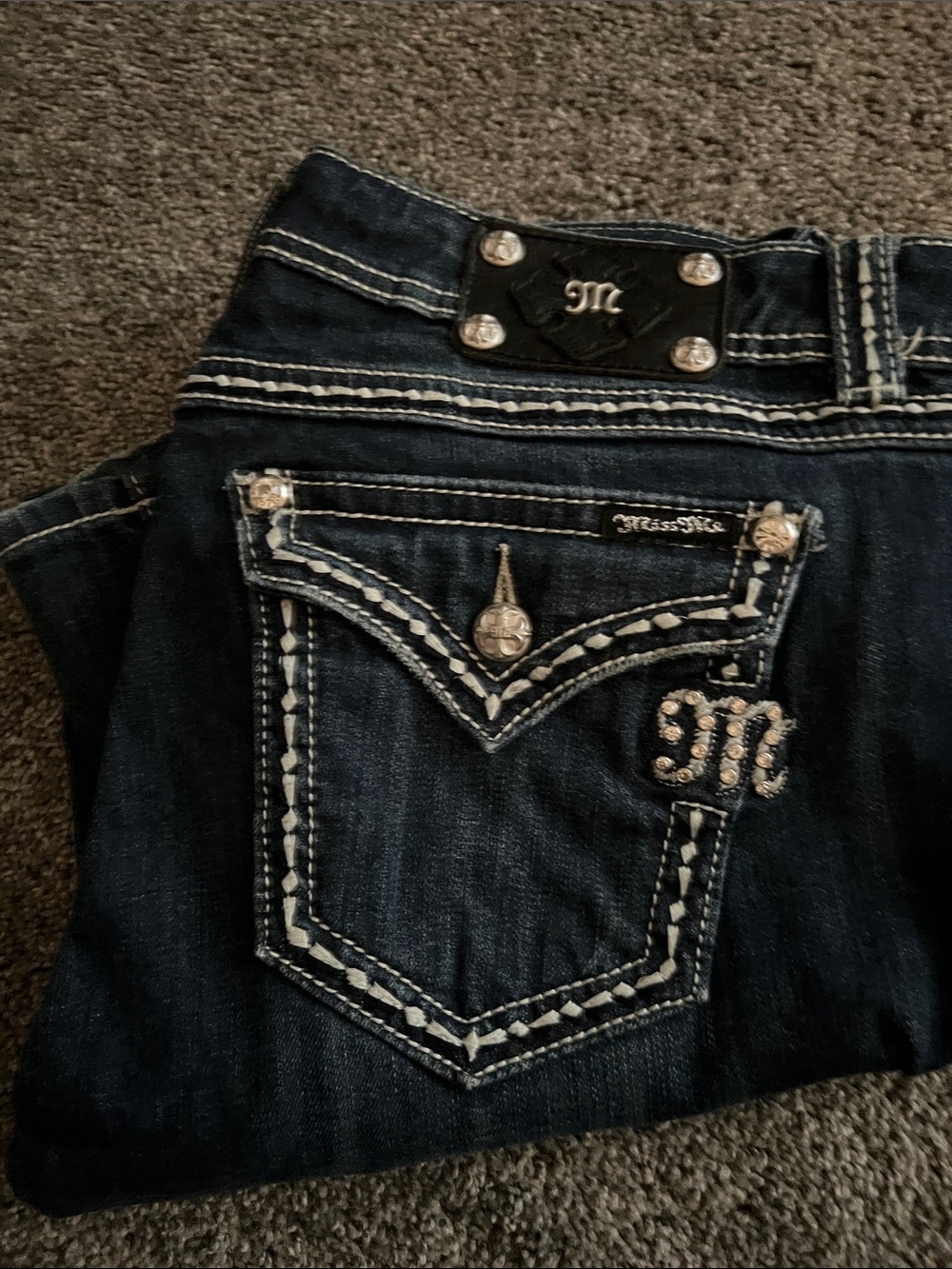 Miss Me Dark Blue Bootcut Jeans with Rhinestone 'M' Pocket